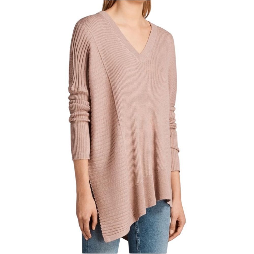 All Saints Keld Olivo Asymmetric V-Neck Ribbed Sweater Pink Size XS - Picture 1 of 12